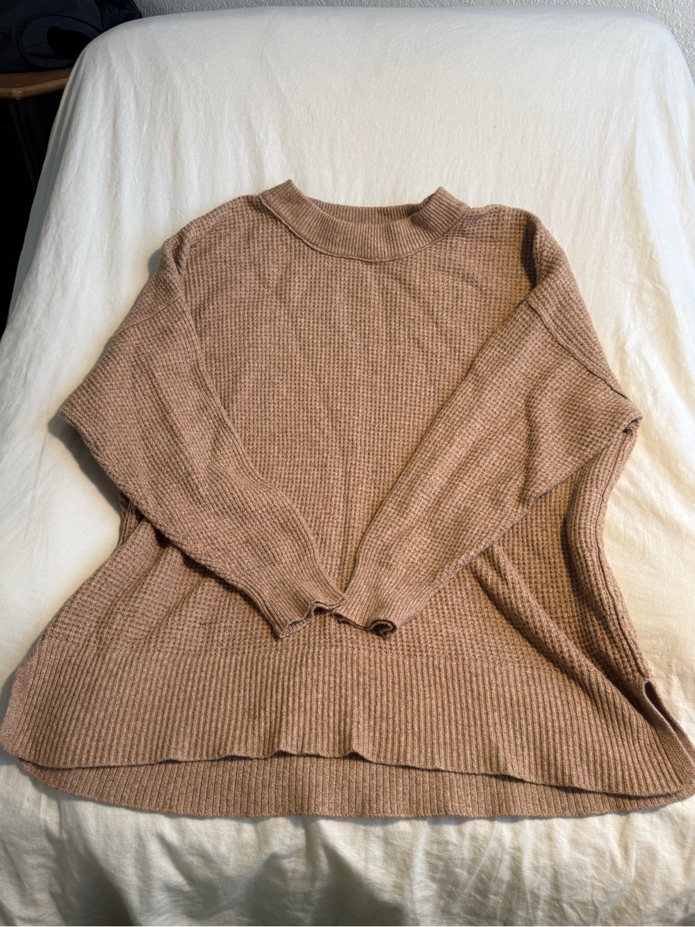 aerie Oversized Waffle Knit Crewneck Sweater in Light Brown